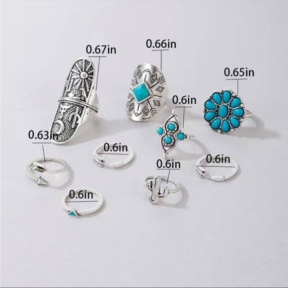 TURQUOISE Flower Cactus Triangle Arrow Tail Ring 9pcs/Set - Picture 5 of 5